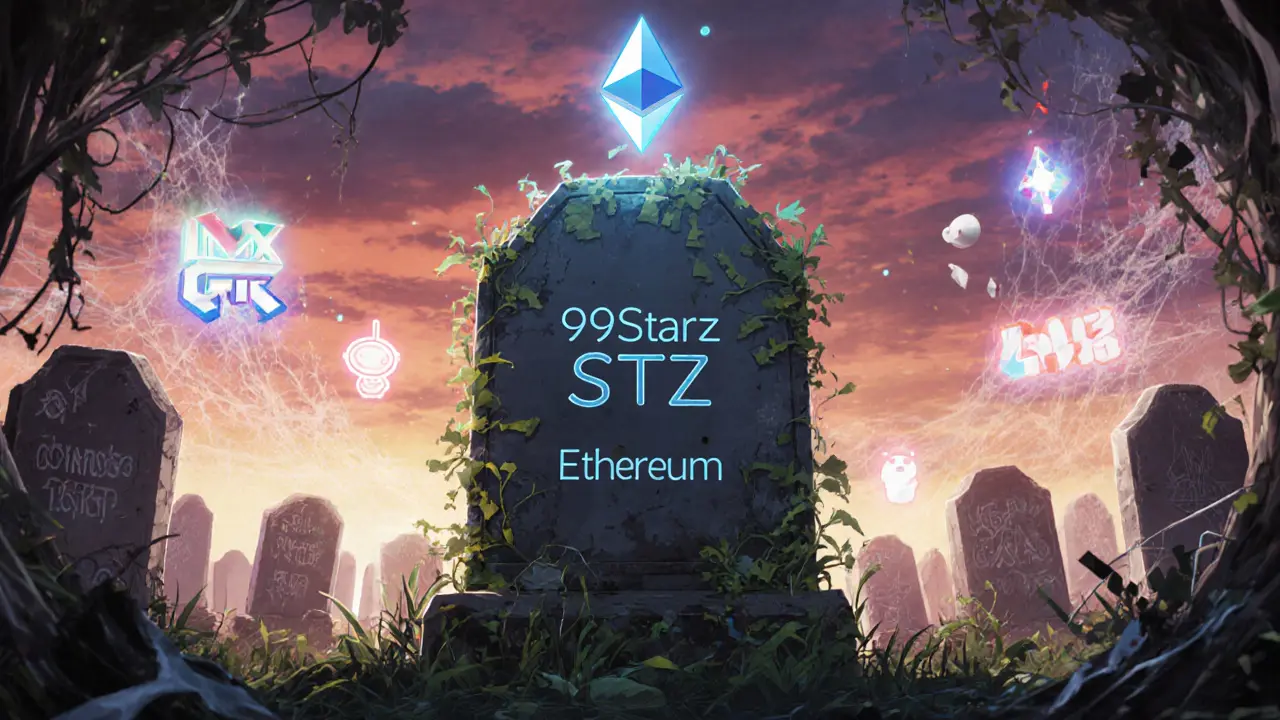 A tombstone for STZ in a cyber graveyard, overshadowed by thriving blockchain games.