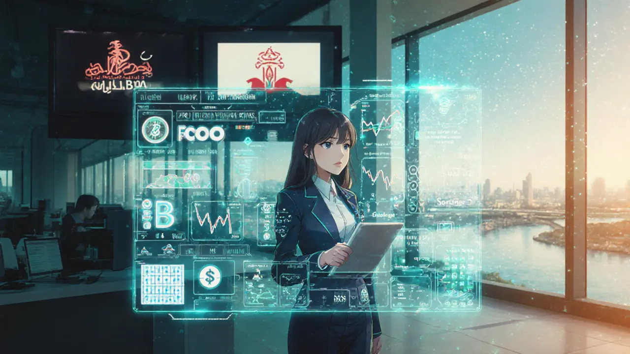 A female engineer monitors a holographic dashboard of licensed tokenized assets in a futuristic Bahrain fintech lab.