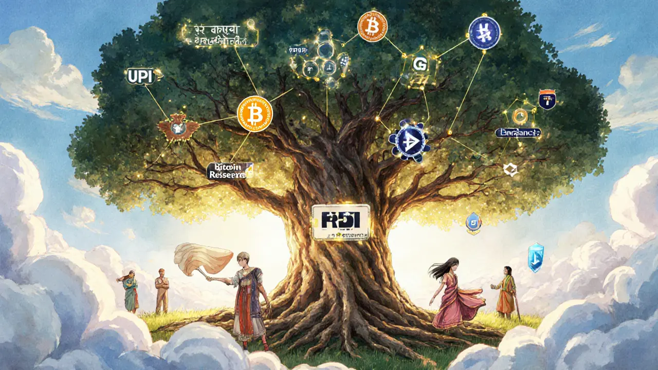 A giant blockchain tree connects Indian users, DeFi, and Bitcoin reserves in a futuristic digital landscape.