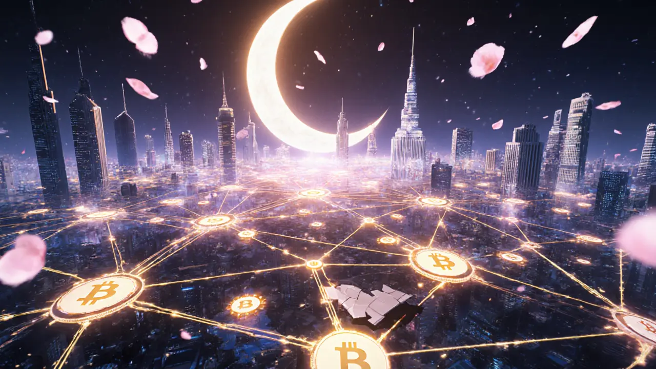 A glowing global network of central bank digital currencies connects Middle Eastern and Asian cities, crushing decentralized crypto symbols.