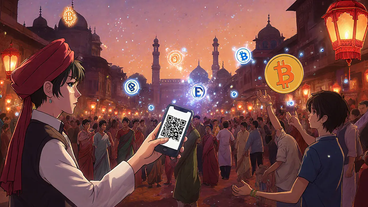 A street vendor in Jaipur accepts Bitcoin payment from a customer in a vibrant market at dusk.