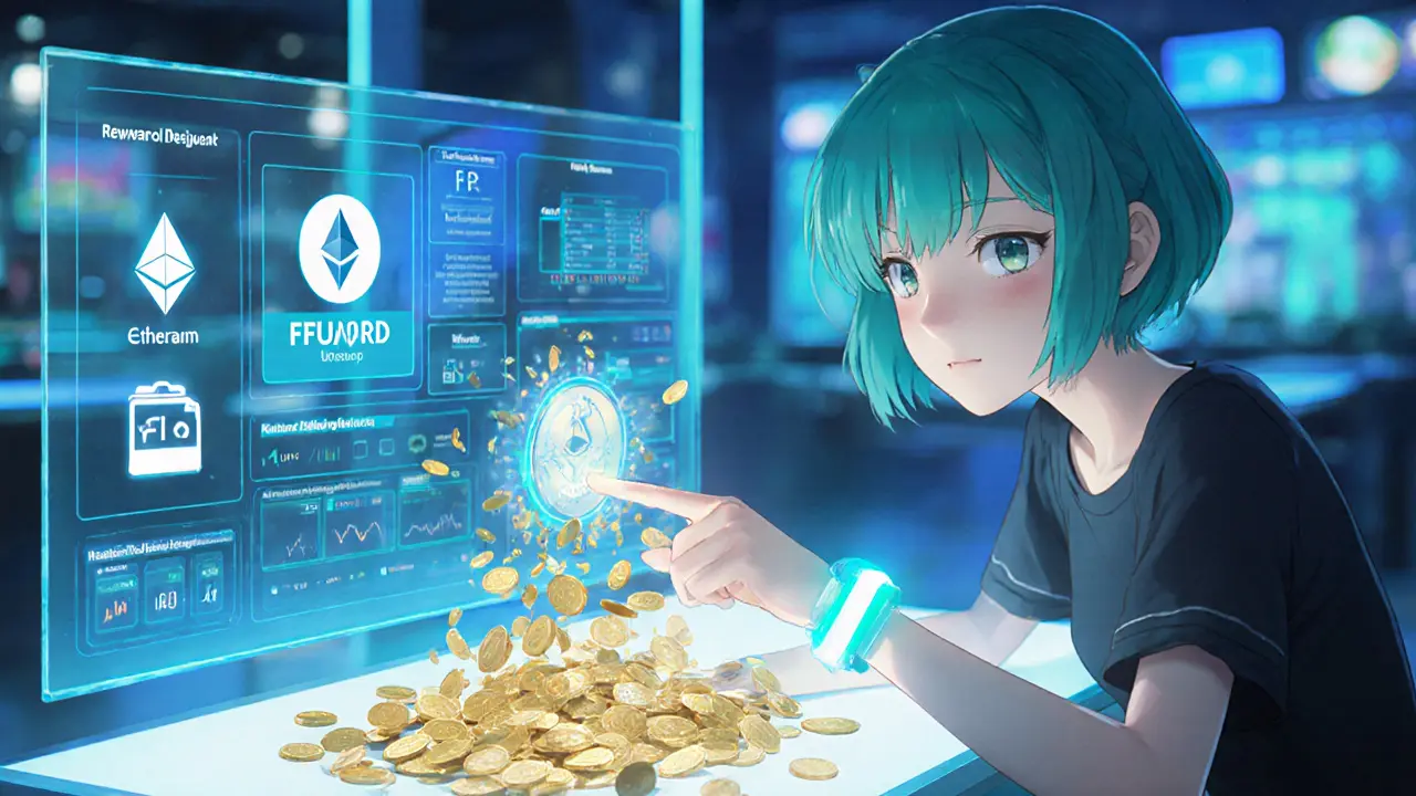 Anime character at a holographic console showing Ethereum, Uniswap logos and flowing FBG tokens.