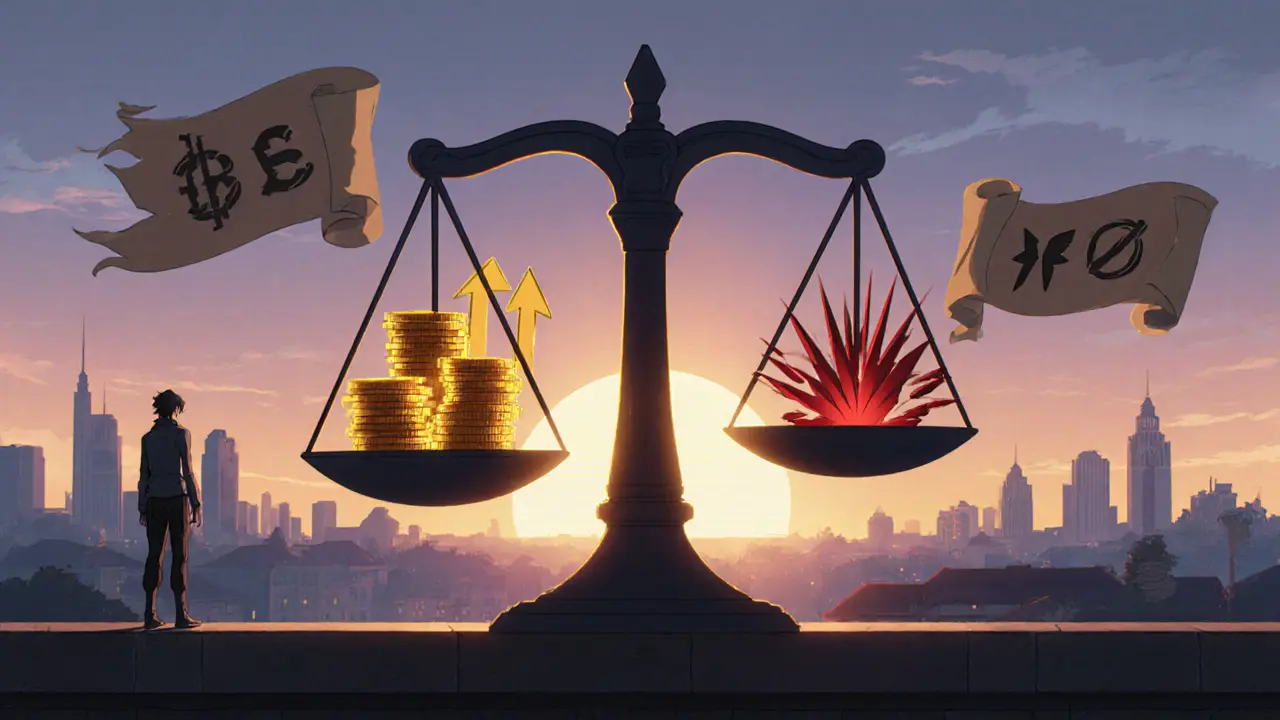 Anime character on a balcony holding a balance scale of yield and slashing symbols at sunrise.