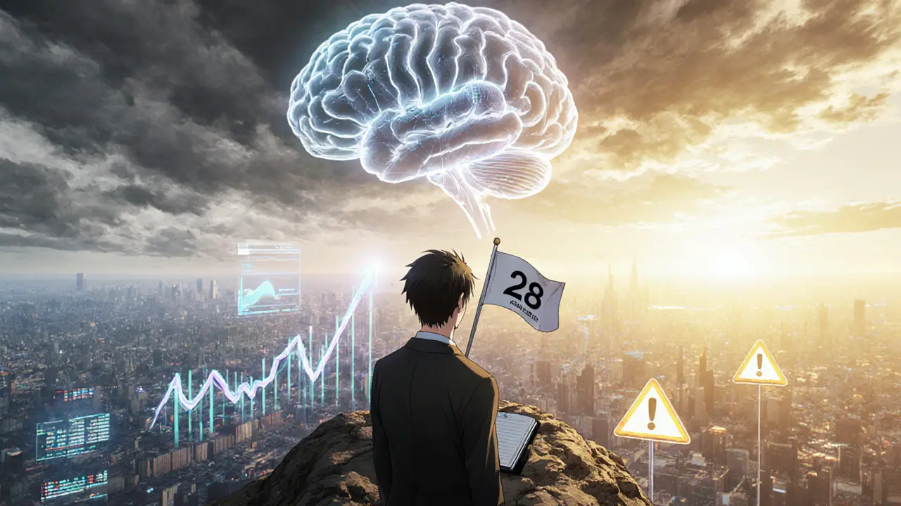 Anime character stands on a cliff with AI brain updating the Fear & Greed Index under a sunrise.
