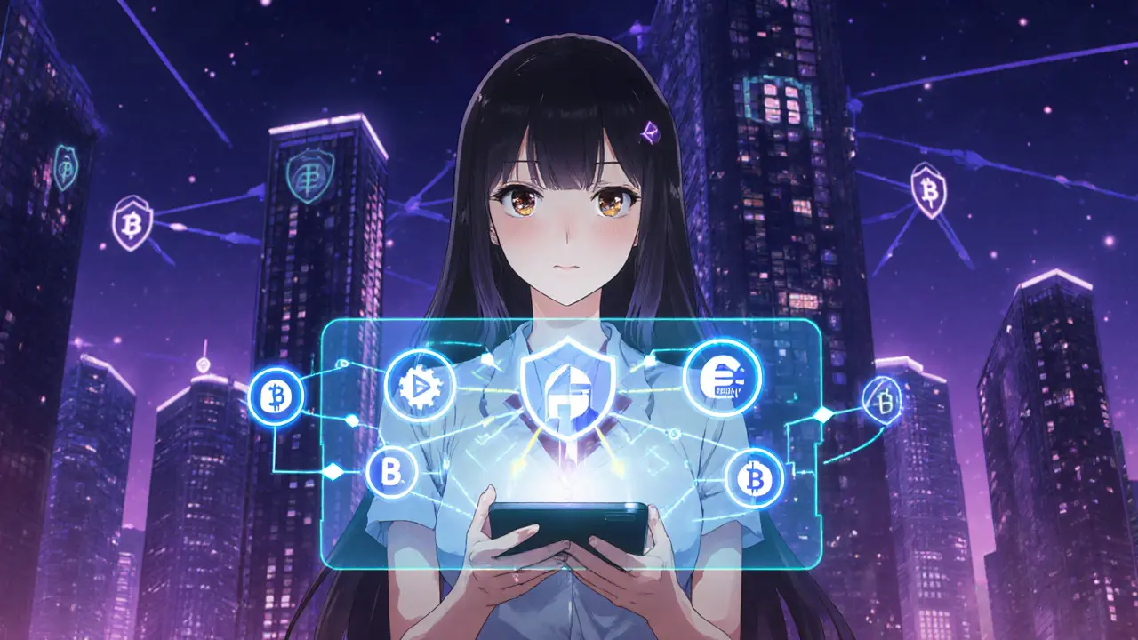 Anime character using a holographic dashboard to swap tokens securely across chains.
