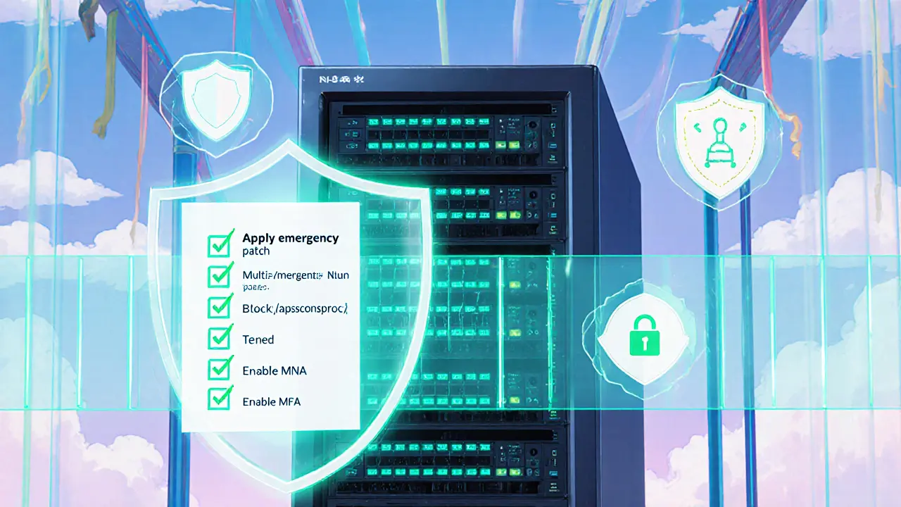 Anime corporate server protected by firewall, MFA icons, and a floating mitigation checklist.
