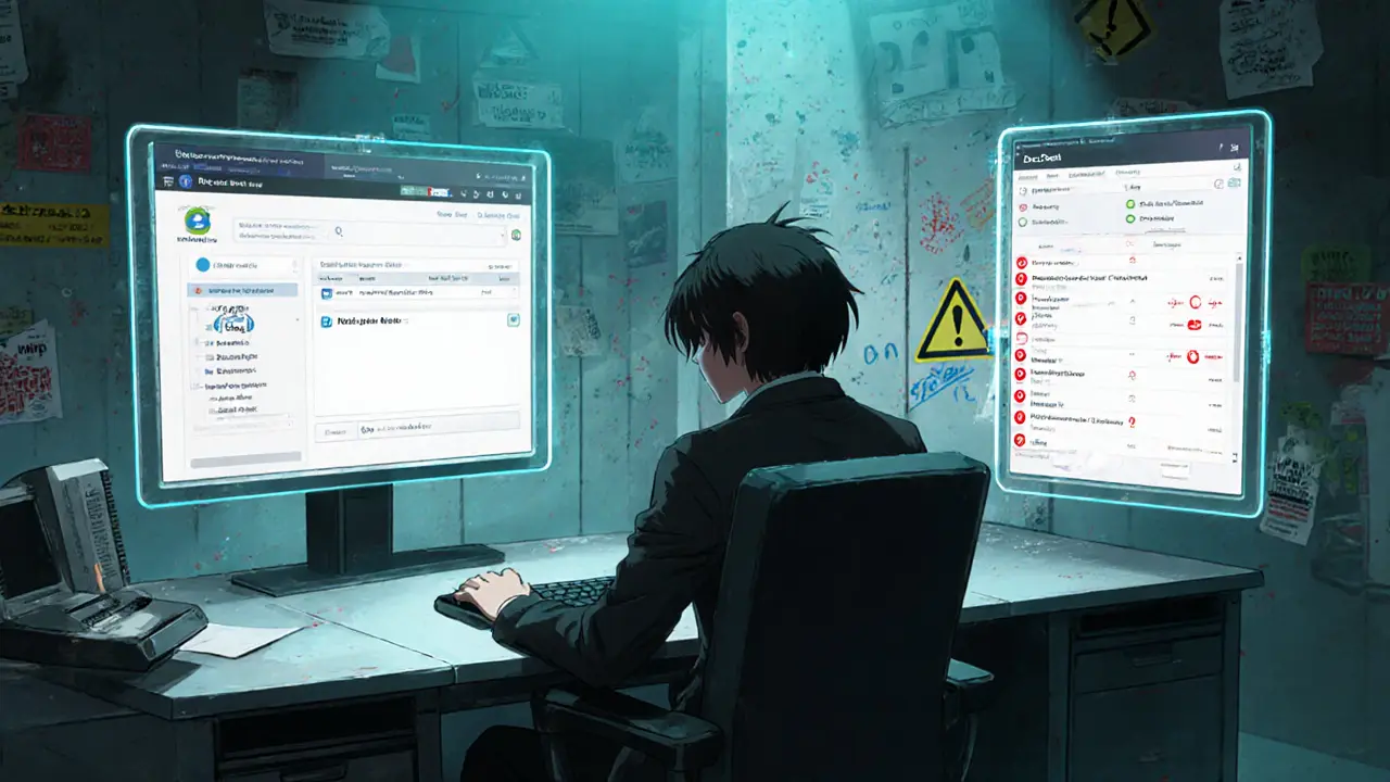 Anime detective examines holographic blockchain screens showing contract details and red flags.