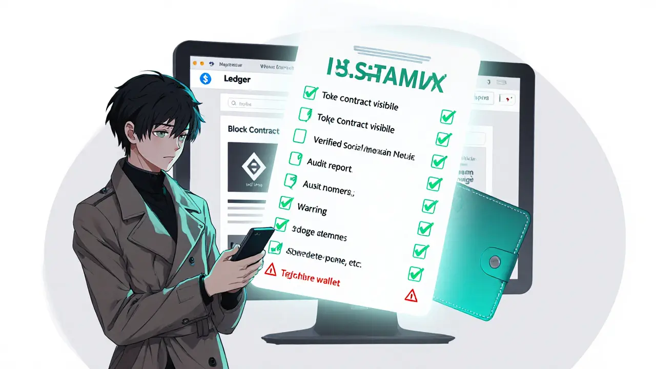 Anime detective reviewing a checklist of airdrop legitimacy criteria beside a hardware wallet and blockchain explorer.