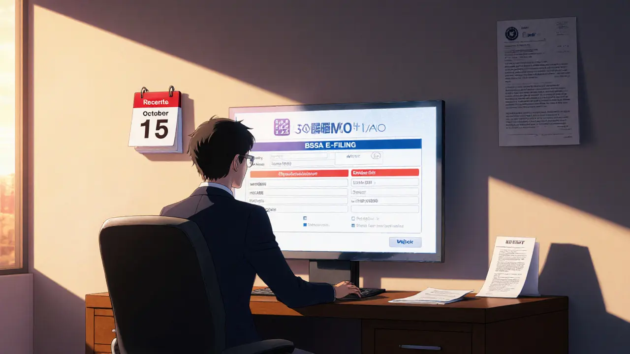 Anime figure filing an FBAR on a holographic screen, October 15 marked on a calendar.