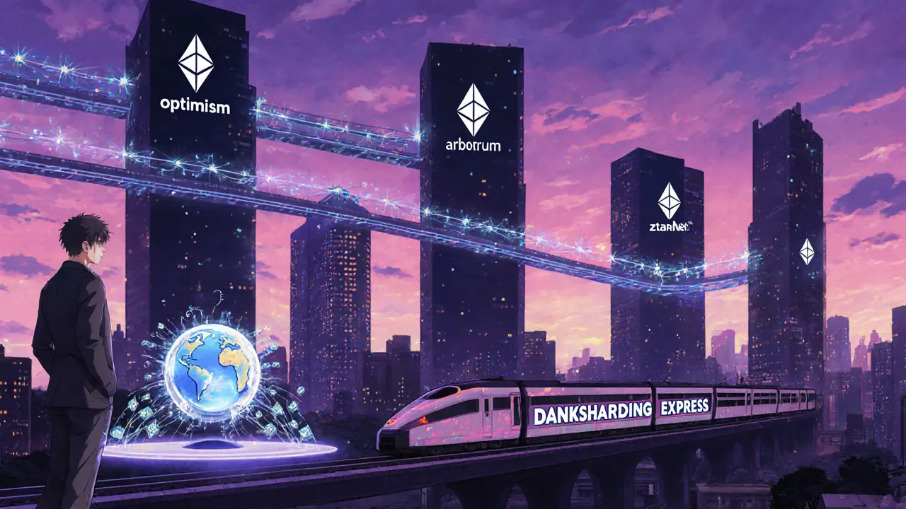 Anime futuristic city with light bridges connecting Ethereum L2 logos, a holographic globe of billions, and a train named Danksharding Express.