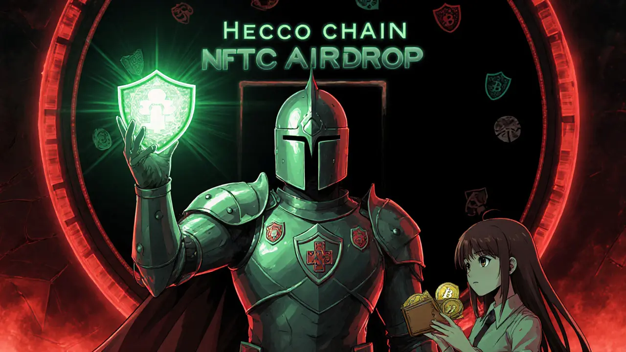 Anime guardian blocks a red‑lit Heco Chain airdrop portal, emphasizing safety.