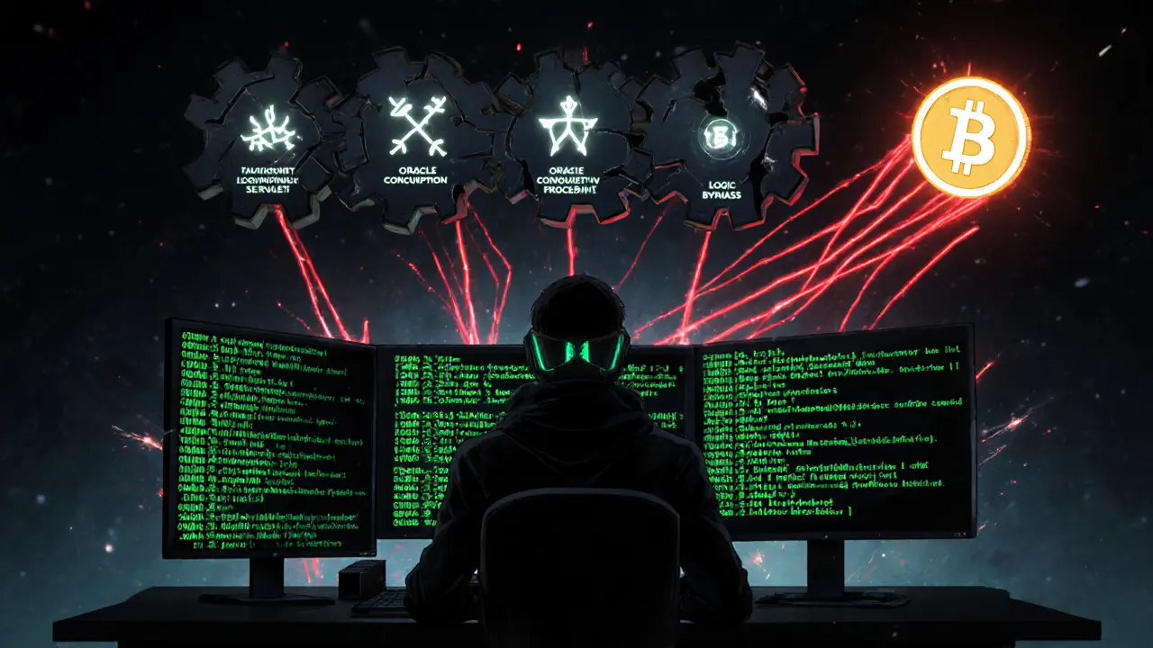 Anime hacker in a dark room visualizing a five‑step exploit chain targeting Oracle.