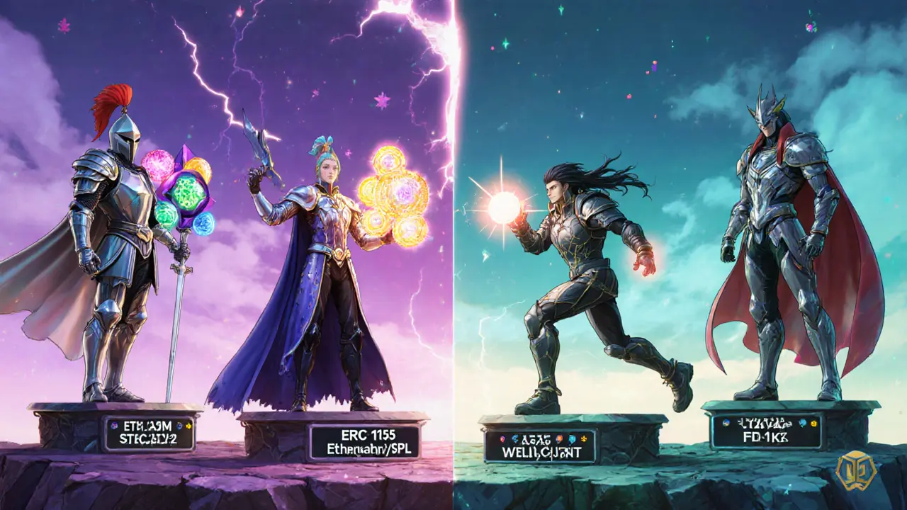 Anime heroes representing ERC‑721, ERC‑1155, Solana SPL, and Tezos FA2 stand on split screens.