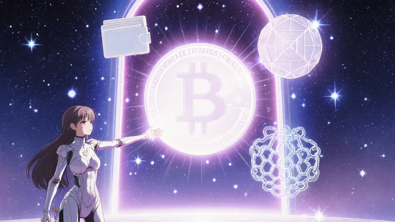 Anime heroine reaches for a glowing NFT token that transforms into future tech symbols.