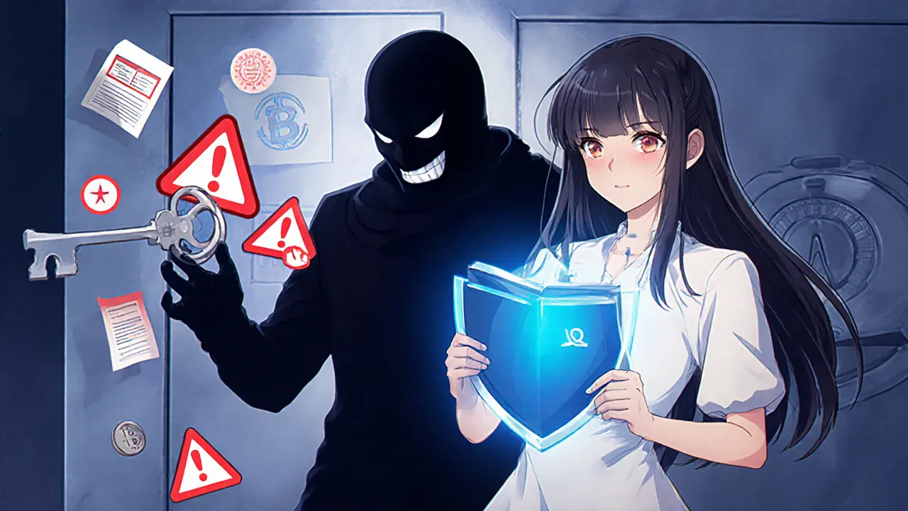 Anime heroine shielding a hardware wallet from a dark figure, highlighting BOBO security risks.