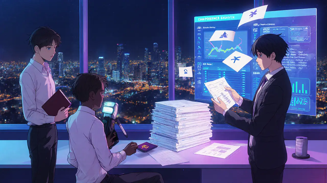 Anime office team working on crypto compliance paperwork with glowing dashboards at night.