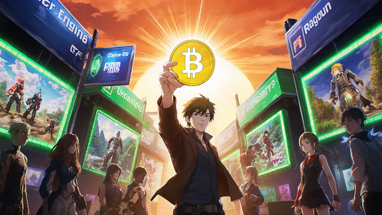 Anime scene of a virtual marketplace where characters trade skins while a glowing FBG token shines.