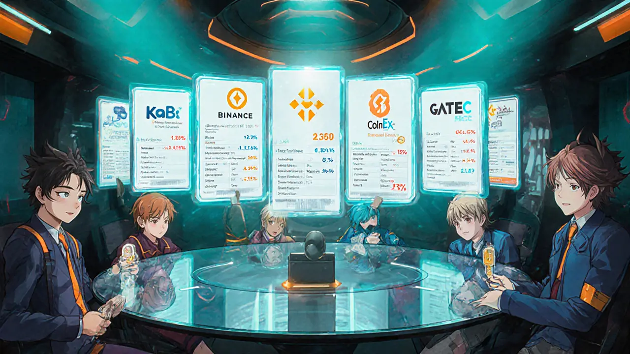 Anime scene with holographic panels showing BOBO on major exchanges and characters representing each platform.