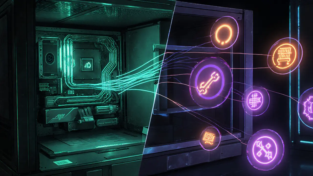 Anime‑style validator workstation with hardware components linking to several activeset icons.