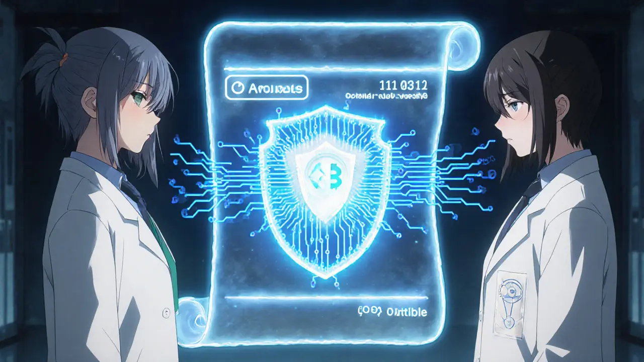 Anime validators oversee a trade with a glowing zero‑knowledge proof shield.
