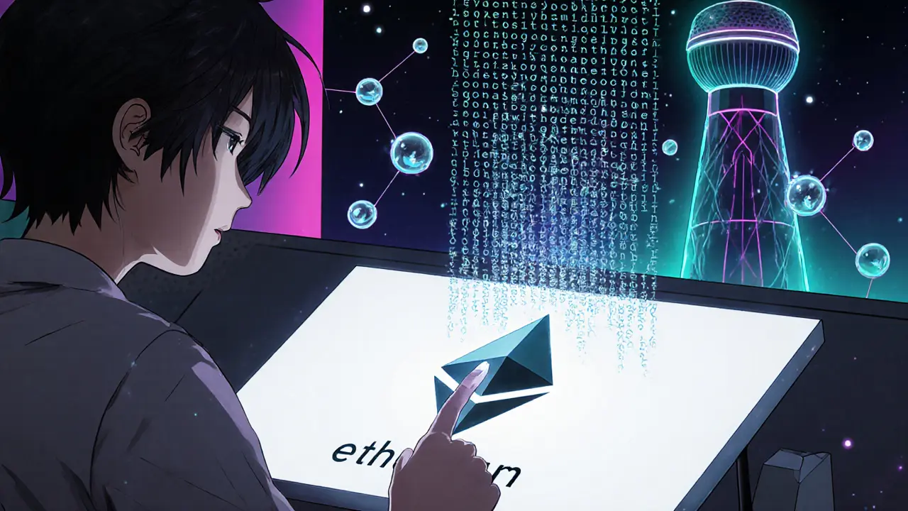 Artist minting an NFT with Ethereum logo, smart‑contract code, and IPFS spheres.
