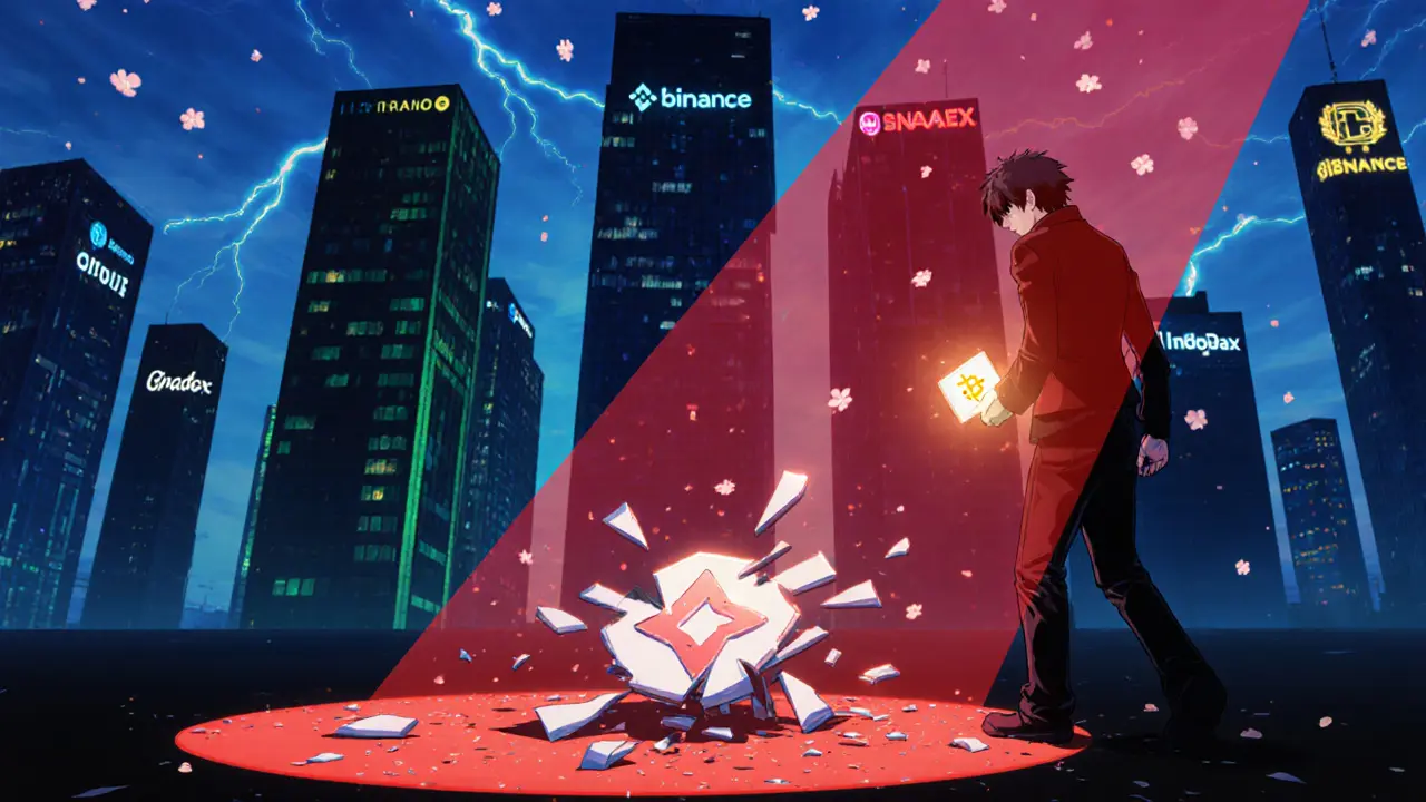 Broken CHAOEX emblem as protagonist walks toward safer exchange symbols.