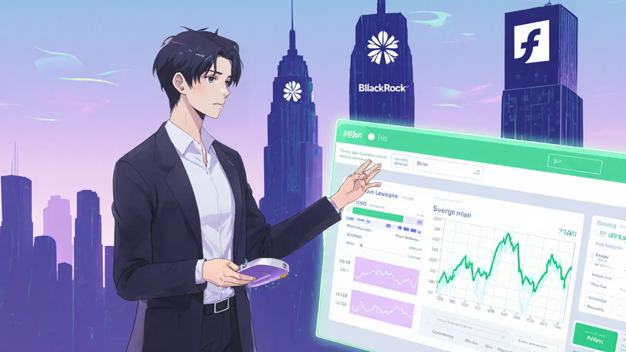 Calm future trading interface with dynamic leverage slider and institutional building silhouettes.