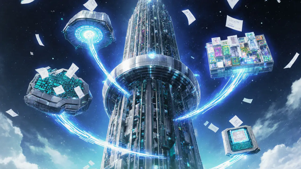 Central hub with orbiting parachains exchanging luminous data packets.
