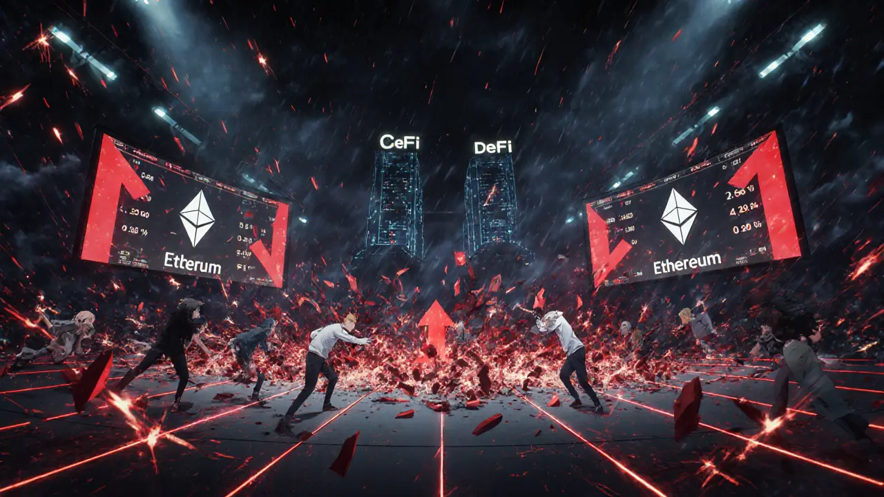 Chaotic flash crash scene with red liquidation waves and falling crypto price displays.