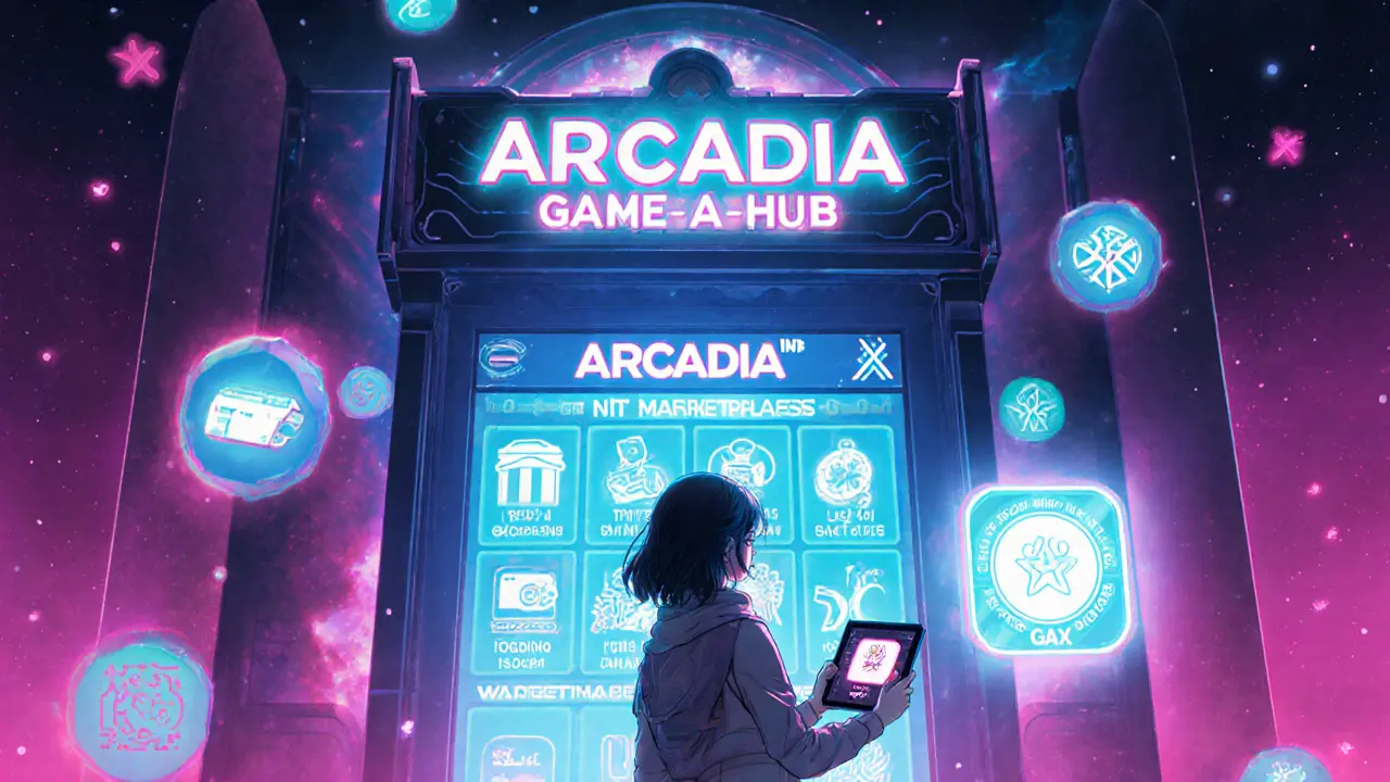 Character using LGX in NFT marketplace and gaming hub, futuristic neon setting.