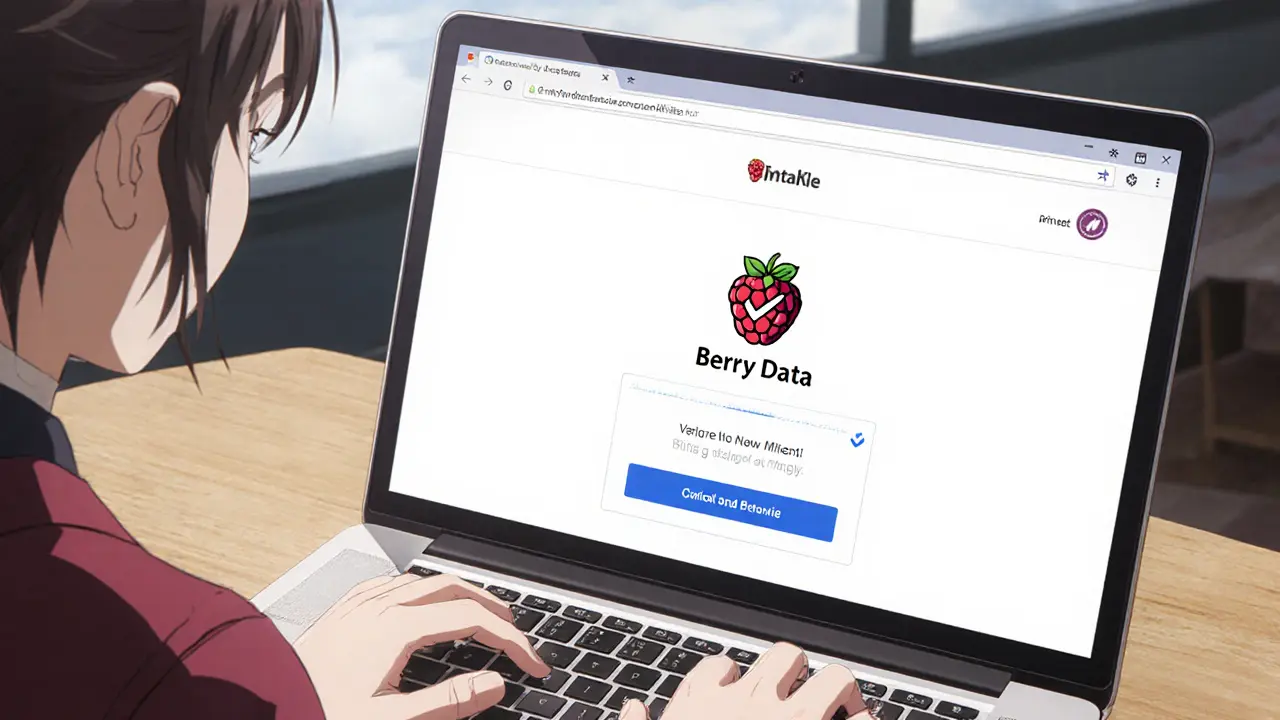 Character verifying Berry Data's official site with checkmark icon.