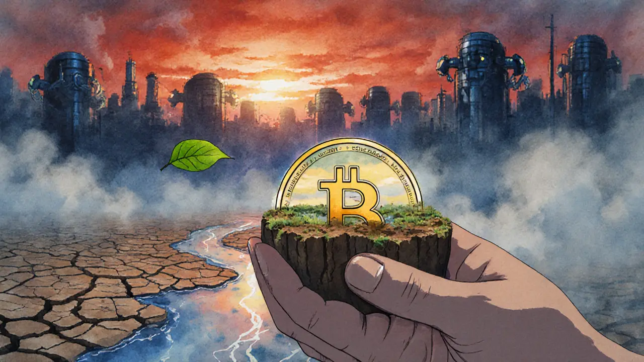 Child holding a crypto token that turns into a dying landscape under a smoggy sunset.