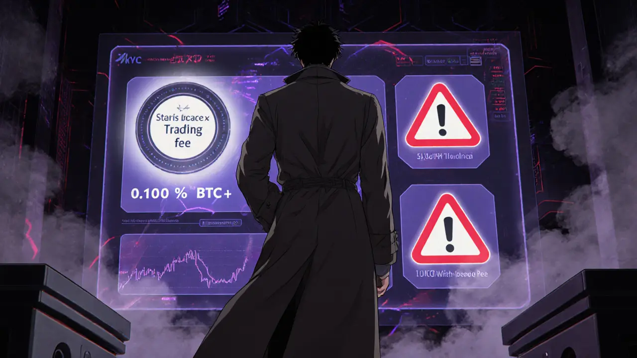 Detective figure examining holographic fee and KYC panels in a cyber room.
