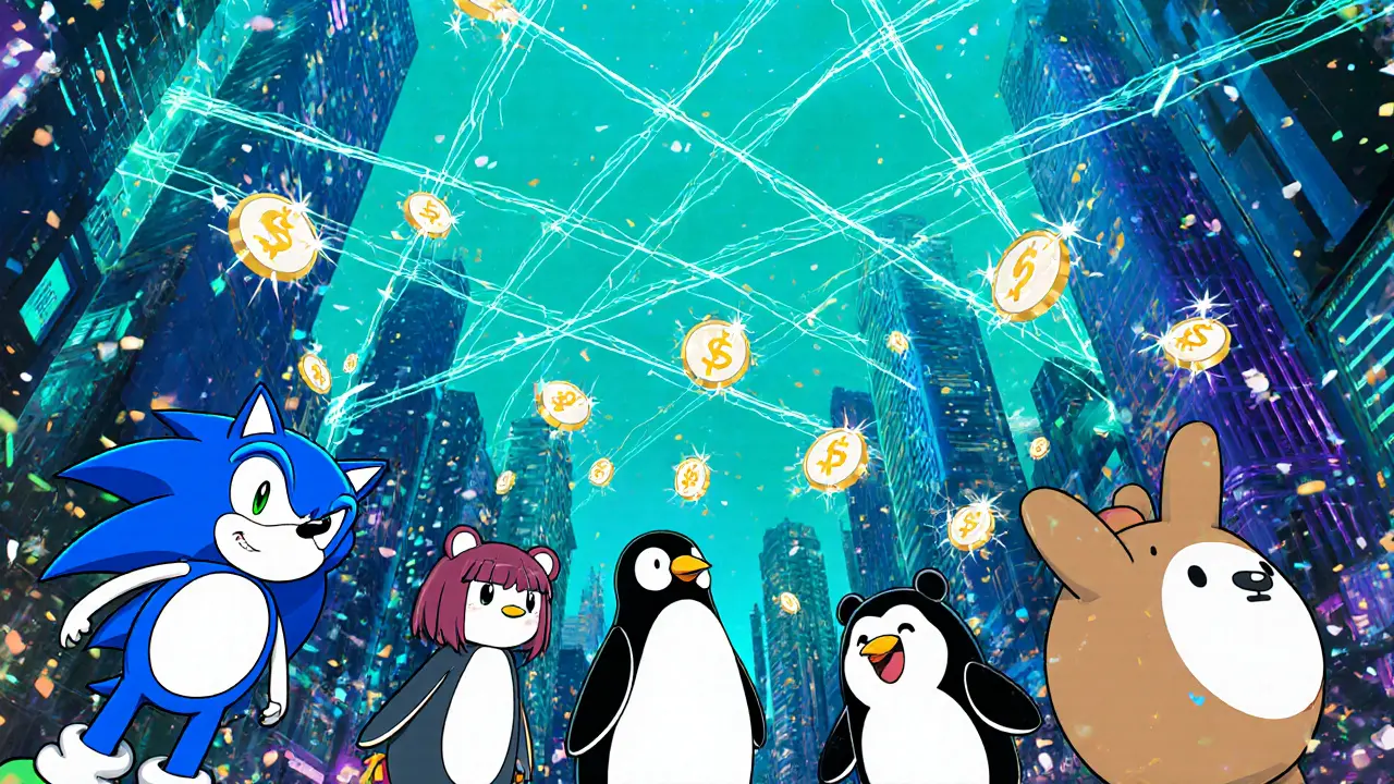 Futuristic city scene showing Solana tokens raining onto mascots of SonicSVM, Magic Eden, Pudgy Penguins, and Doodles.
