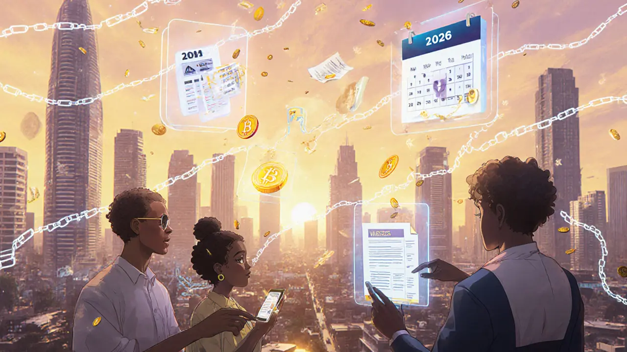 Futuristic Lagos cityscape with characters using crypto wallets and tax icons.