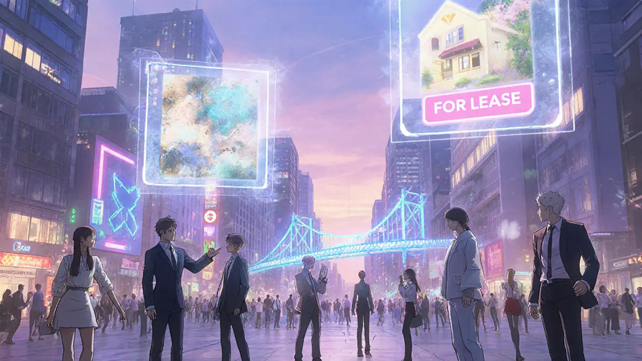 Futuristic plaza with people viewing AI‑generated art, virtual land, and blockchain bridge.