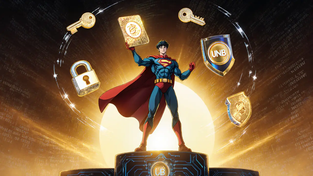 Hero proudly displays SuperHero NFT card with security symbols, anime style.