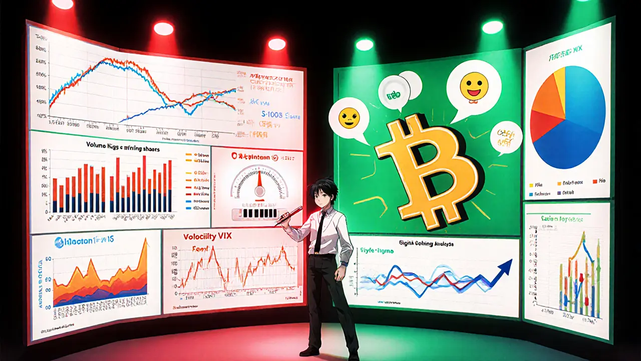 Manga split scene shows stock metrics on left and crypto metrics on right with an analyst linking them.