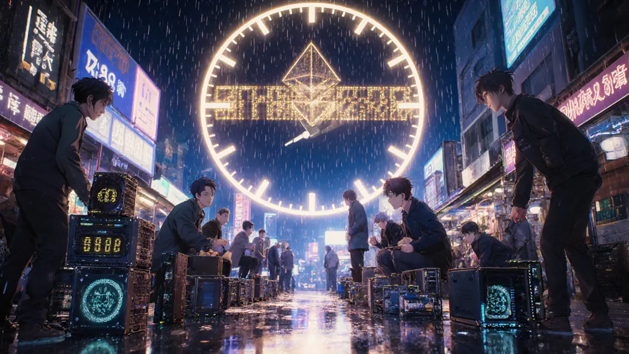 Miners selling GPUs on a neon street as a digital countdown to The Merge looms above.