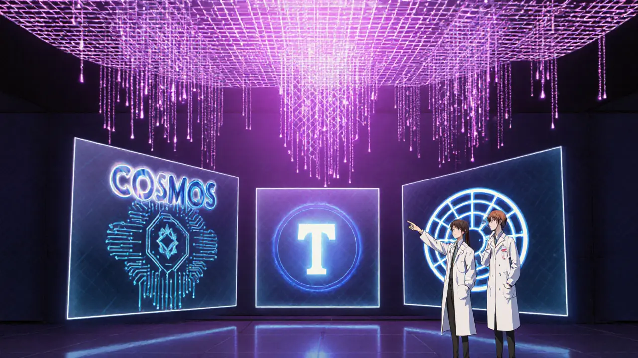 Neon server room with holographic panels showing Cosmos SDK, EVM, Tendermint, and lattice cryptography.