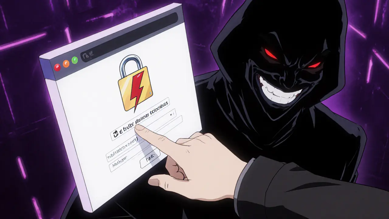 Person inputting seed phrase into fake site, scammer grinning in background.