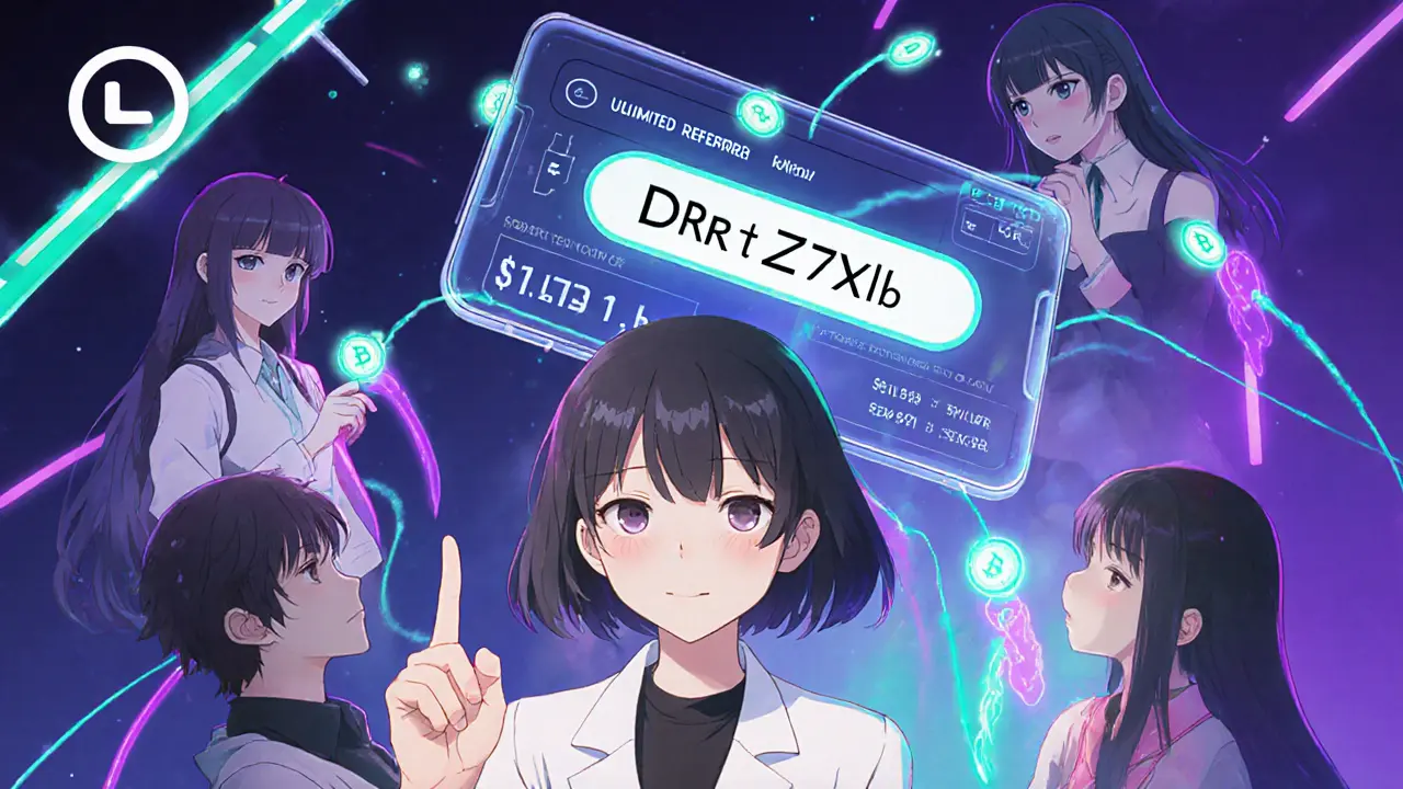 Protagonist pointing at referral code DRtZ7lb with friends receiving glowing LGX tokens.