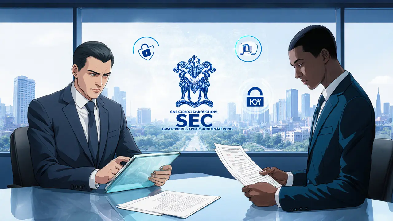 Regulatory office showing SEC officer reviewing a crypto license, anime illustration.