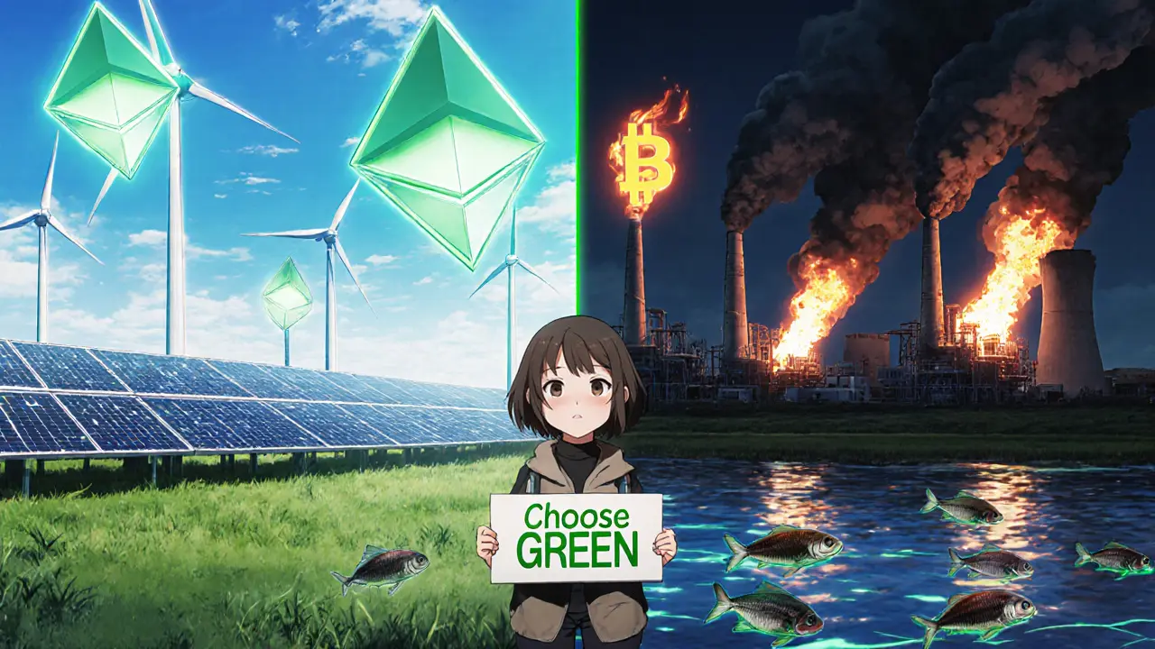 Split scene: clean renewable energy on one side, coal-powered crypto mines polluting on the other.