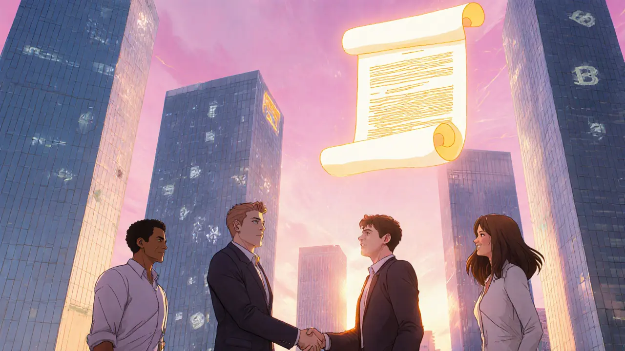 Sunrise over futuristic San José skyline with entrepreneurs and floating legislative scroll.