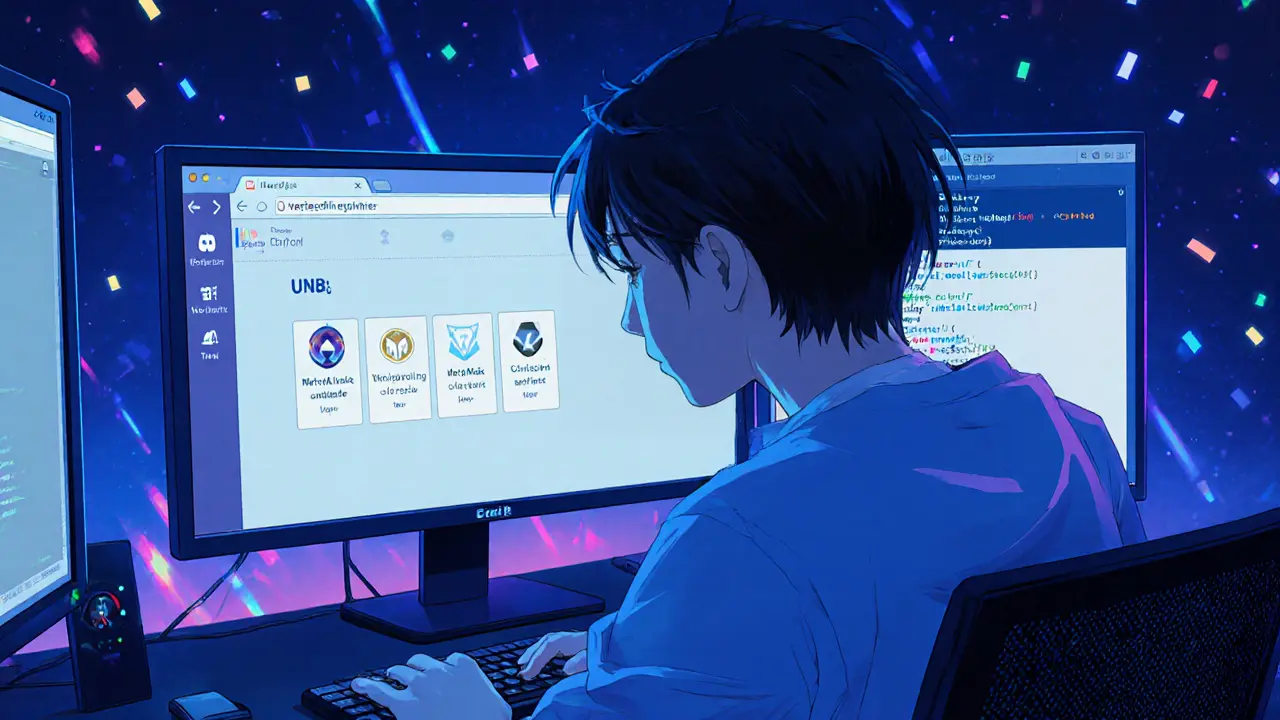 Teen checking Discord and blockchain explorer on computer, anime style.