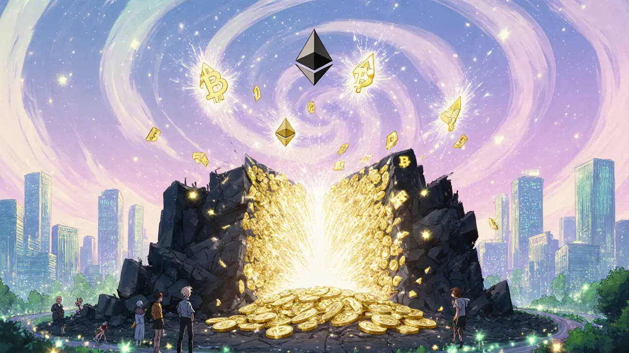 The Ethereum Merge: Proof of Work crumbles as golden validators rise into a green, energy-efficient city.