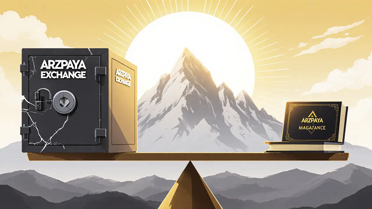 A balance scale comparing ARzPaya exchange with a hardware wallet and educational book under a rising sun.
