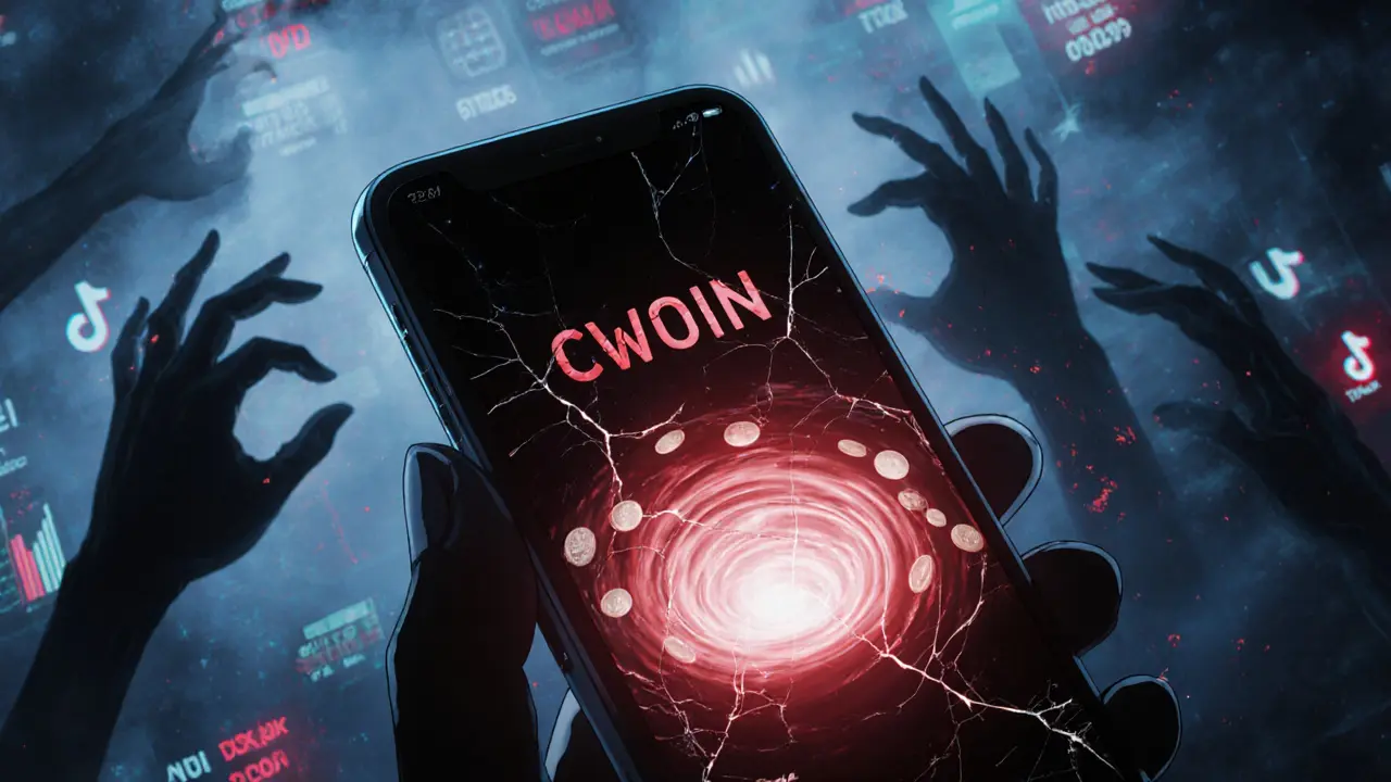 A crypto wallet address draining coins into a black hole as ghostly victims reach out in despair.