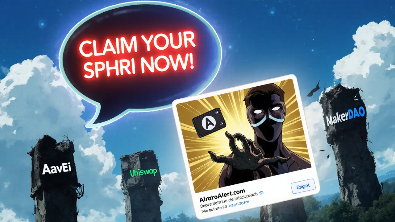 A deceptive Telegram message with &#039;FREE SPHRI&#039; pulls at a wallet, while a real airdrop notification glows nearby.